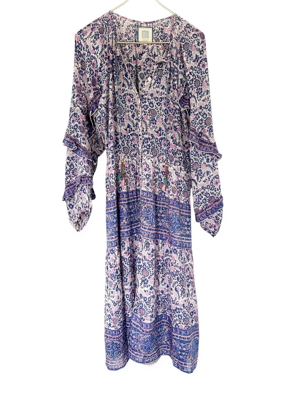 Bell by Alicia Bell Block Print Maxi Dress Silk Cotton Ruffle Sleeve Tassel NWOT